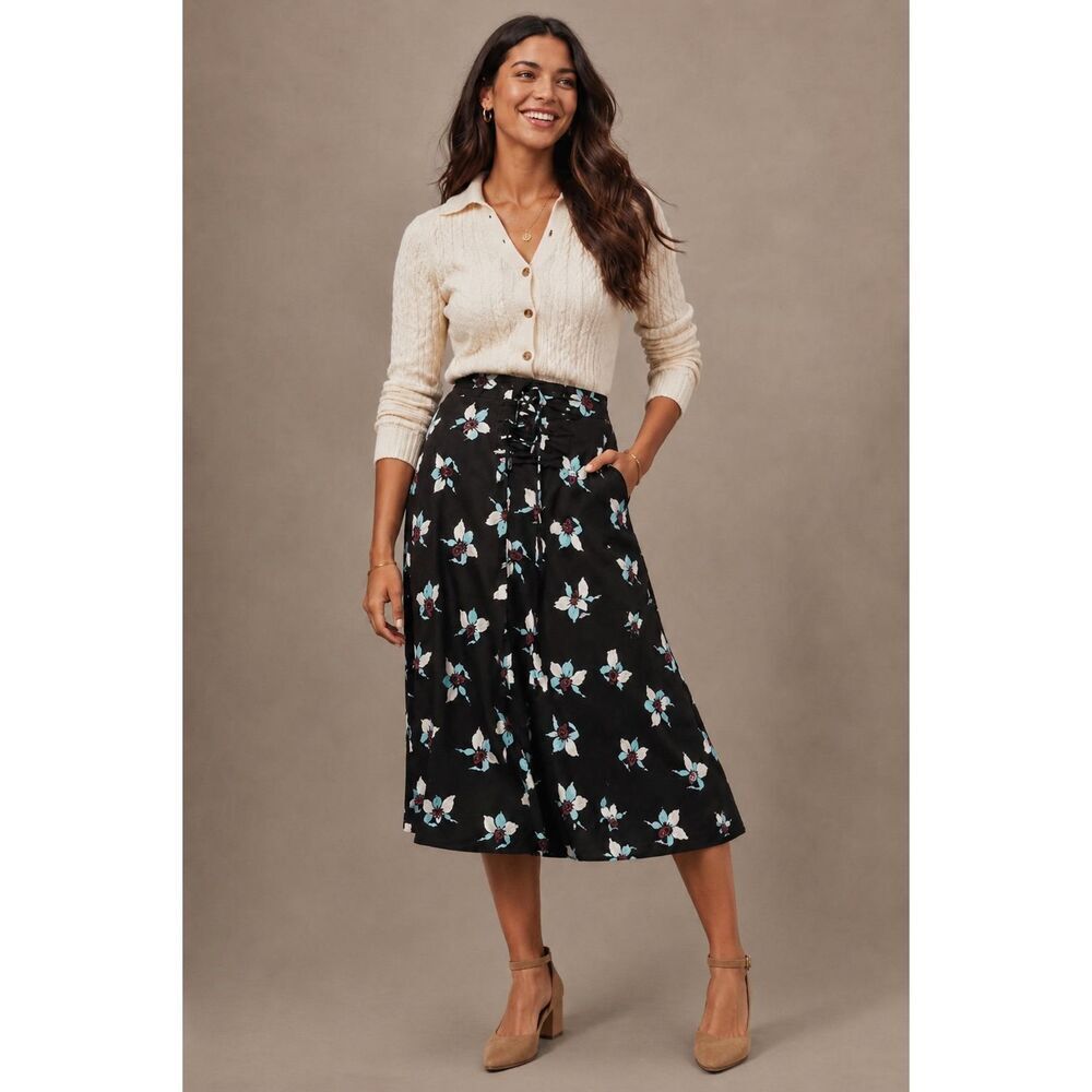 Anthropologie Maeve Zadie Floral Lace-Up Midi Skirt Sz 8 NWT Cottagecore Romanti - Picture 2 of 14